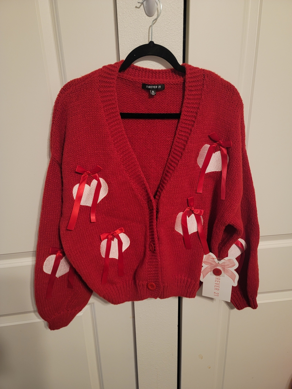 Forever 21 Red Heart-Appliqué Knit Cardigan